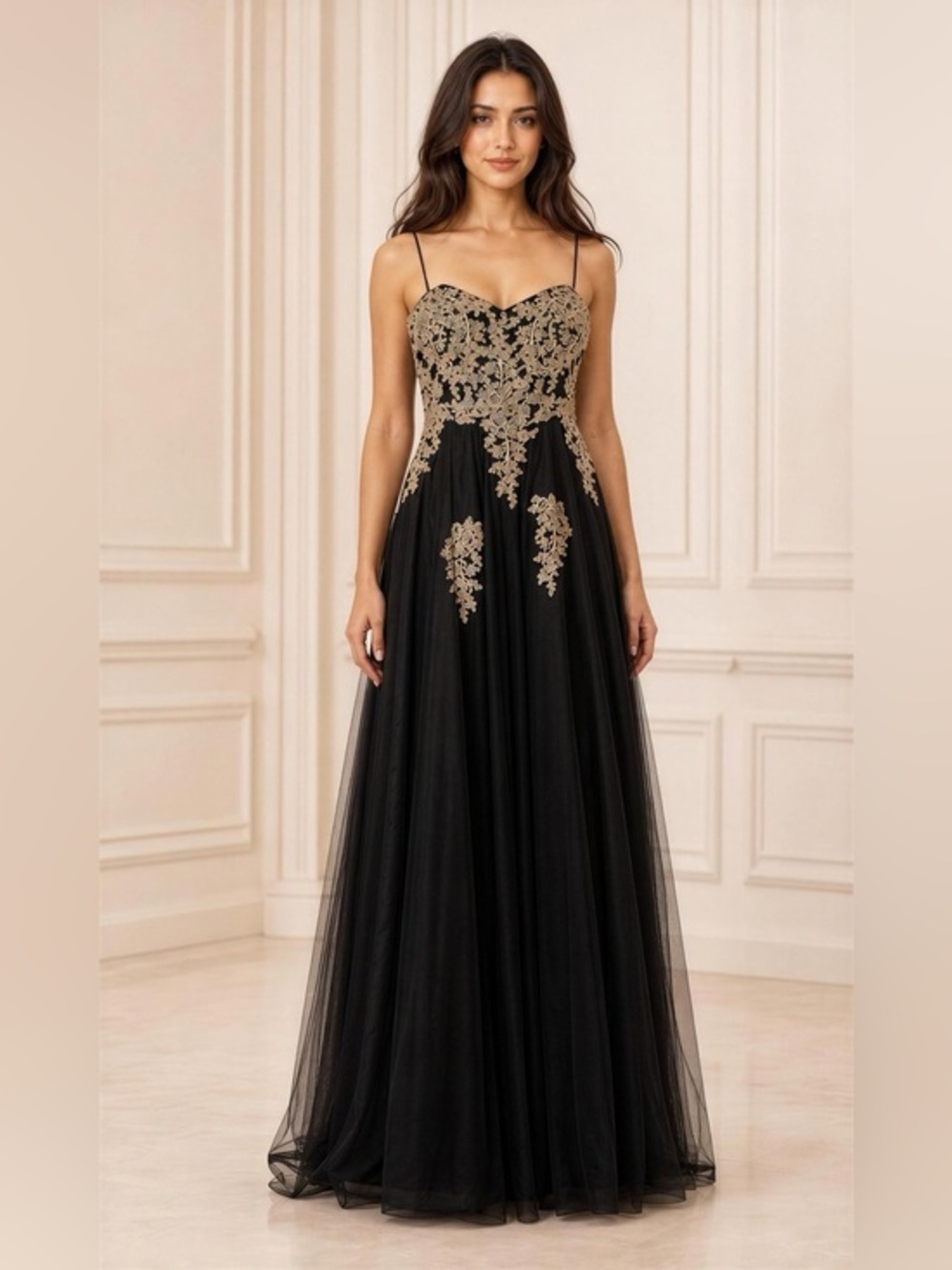 City Triangles Black Maxi Dress with Gold Embroidery